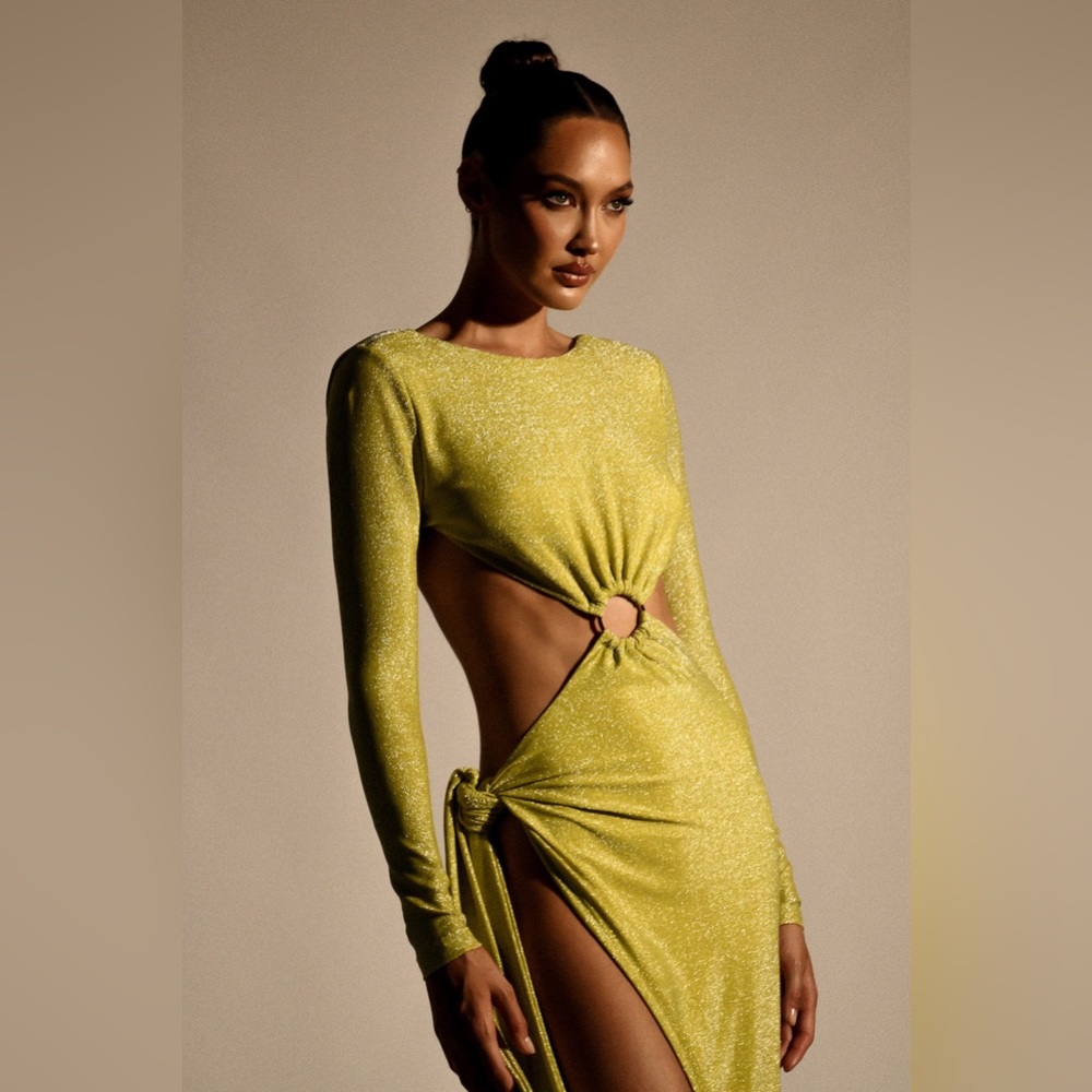 Meshki Lime Sparkle Backless Cutout Maxi Dress